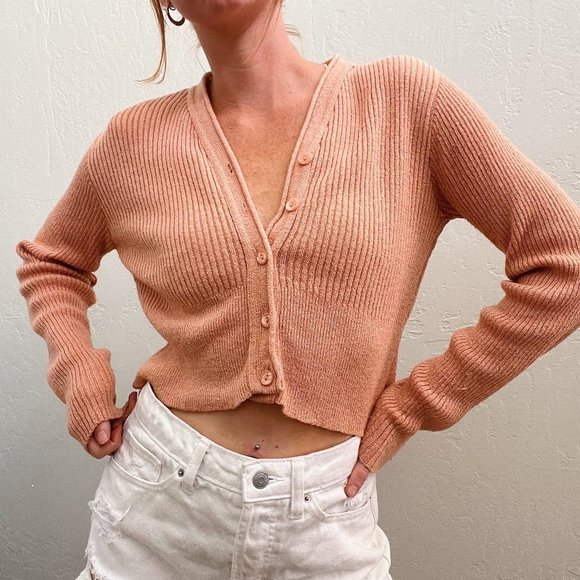 Vintage 90s/Y2K Coral Orange Ribbed Knit Crop Cardigan Sweater - Picture 5 of 5